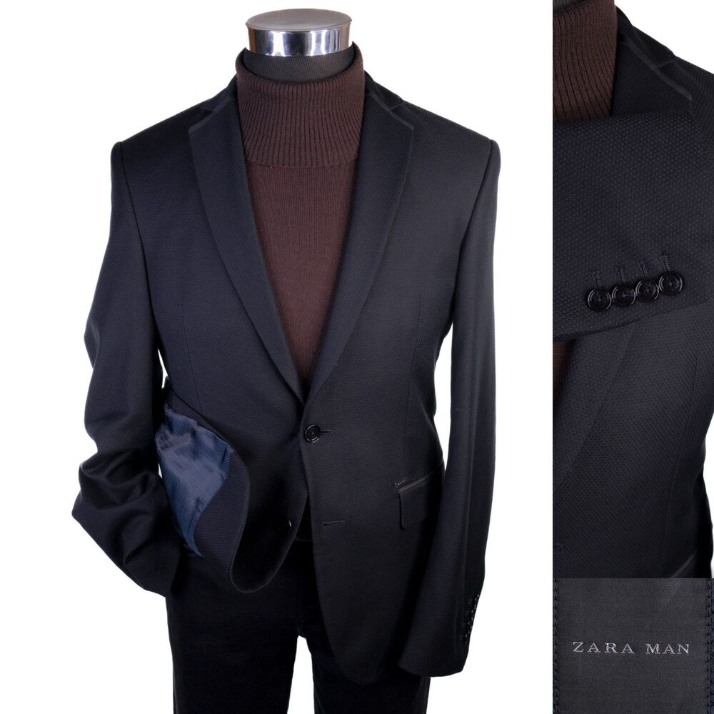 Zara Men's Blazer Sport Coat Sz 38R Cotton Blend Black Two Button Jacket EUC